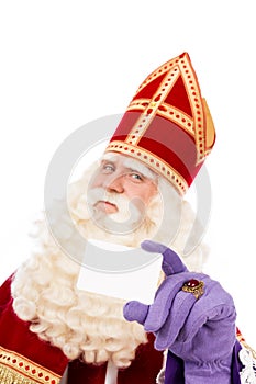 Sinterklaas with business card on white background