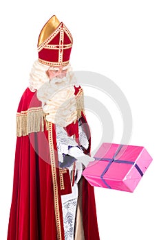 Sinterklaas is giving a present