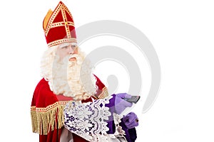 Sinterklaas holding remote on white background