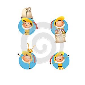 Sinterklaas kids with yellow costume celebrate Dutch holidays - vector illustration isolated