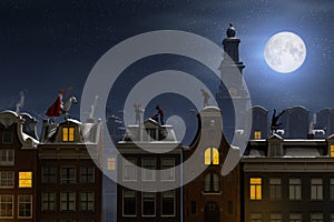 Sinterklaas and the Pieten on the rooftops at night