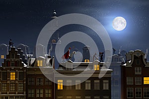 Sinterklaas and the Pieten on the rooftops at night