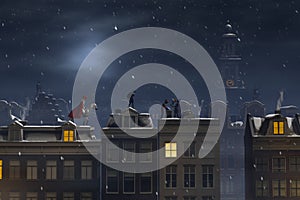 Sinterklaas and the Pieten on the rooftops at night