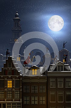 Sinterklaas and the Pieten on the rooftops at night