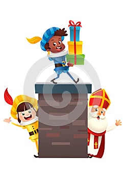 Sinterklaas on roof - bring gifts via chimney Saint Nicholas day vector illustration isolated on transparent background