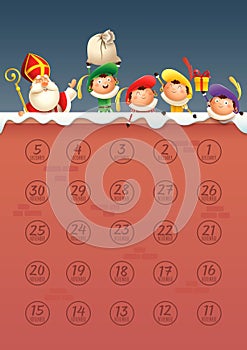 Sinterklaas or Saint Nicholas with friends (aftelkalender) Countdown calendar template - vector illustration