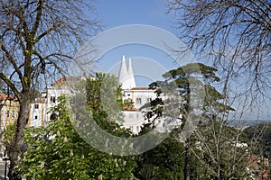 Sintra National Palace Palacio Nacional de Sintra also called Town Palace with distinct chimneys on a typical misty day