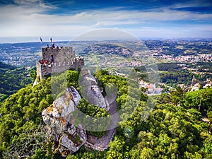 Sintra, Portugal: aerial top view of the Castle of the Moors, Castelo dos Mouros, located next to Lisbon photo