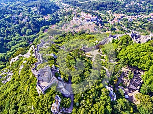 Sintra, Portugal: aerial top view of the Castle of the Moors, Castelo dos Mouros, located next to Lisbon