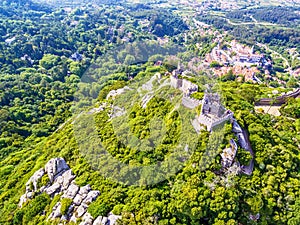 Sintra, Portugal: aerial top view of the Castle of the Moors, Castelo dos Mouros, located next to Lisbon