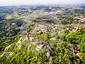 Sintra, Portugal: aerial top view of the Castle of the Moors, Castelo dos Mouros, located next to Lisbon