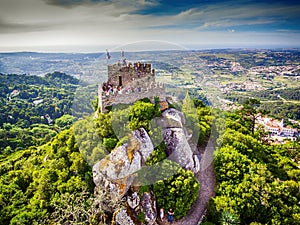 Sintra, Portugal: aerial top view of the Castle of the Moors, Castelo dos Mouros, located next to Lisbon