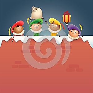 Sintrklaas helpers Zwarte Piet on board - happy cute characters celebrate Dutch holiday on snowy wall - vector illustration