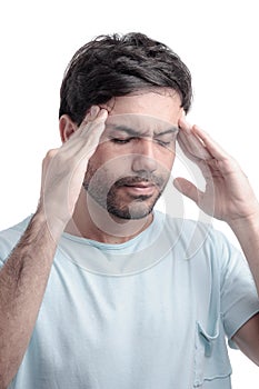 Sinus pain, sinus pressure, sinusitis. Sad man holding his head