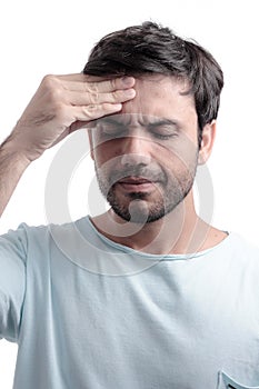 Sinus pain, sinus pressure, sinusitis. Sad man holding his nose