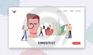 Sinusitis Landing Page Template. Tiny Doctors or Patient Characters at Huge Male Head with Sinus Cavity Inflammation