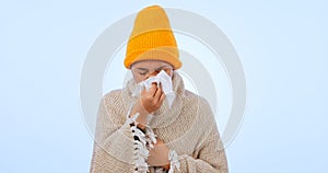 Sinusitis, virus and sick woman with tissue in studio, background and blowing nose with flu or healthcare. Bacteria