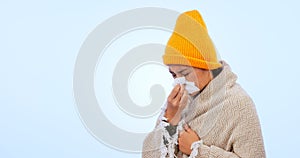 Sinusitis, virus and sick woman with tissue in studio, blue background or blowing nose with flu mockup. Bacteria, sinus