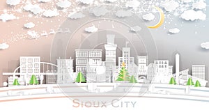 Sioux City Iowa City Skyline in Paper Cut Style with Snowflakes, Moon and Neon Garland