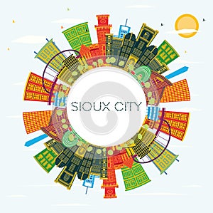 Sioux City Iowa Skyline with Color Buildings, Blue Sky and Copy Space