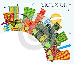 Sioux City Iowa Skyline with Color Buildings, Blue Sky and Copy Space