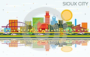 Sioux City Iowa Skyline with Color Buildings, Blue Sky and Reflections