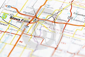 Sioux Falls city road map area. Closeup macro view