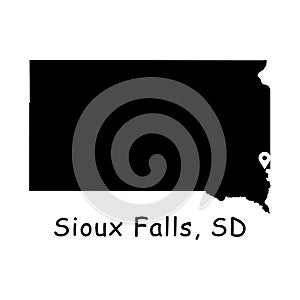 Sioux Falls on South Dakota State Map. Detailed SD State Map with Location Pin on Sioux Falls City. Black silhouette vector map is