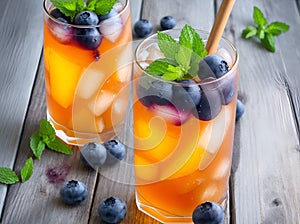 Sip of Serenity: Mini Peach Tea with Ice, Mint, and Blueberry - A Vegan Delight