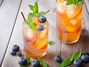 Sip of Serenity: Mini Peach Tea with Ice, Mint, and Blueberry - A Vegan Delight