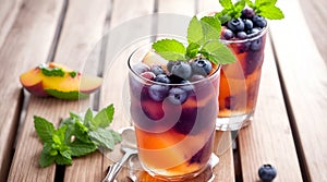 Sip of Serenity: Mini Peach Tea with Ice, Mint, and Blueberry - A Vegan Delight