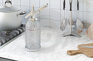 Siphon Seltzer Bottle on the kitchen desk, 3D rendering