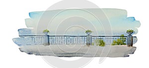 Sipmle watercolor backdrop of sea embankment with banisters . Hand painted abstract summer landscape isolated on white background