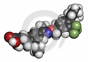 Siponimod anti-inflammatory drug molecule (S1PR1 modulator). Atoms are represented as spheres with conventional color coding: photo