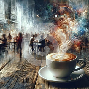 Sipping a Cafe au Lait, focus on cup with the hustling cafe blurred. AI generated. photo