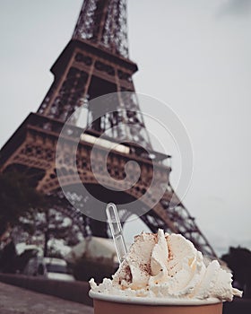 Sipping hot chocolate by the Eiffel Tower photo