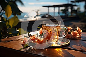 Sipping paradise, tea or coffee with tropical scene on wood background