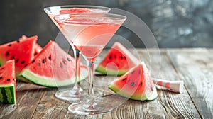 Sipping Sophistication: Delightful Mtini Cocktails and Watermelon Slices in Triangul Pink Glasse