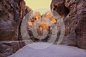 Siq canyon in Petra, Jordan. Stone walls natural formation