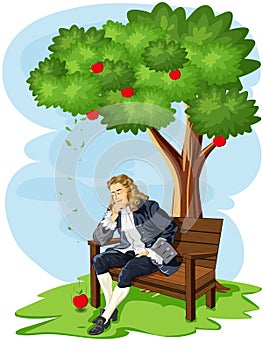 Sir Isaac Newton and discovery of gravitation theory apple falling from the tree