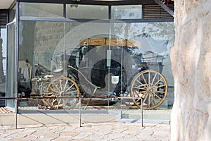 Sir Moses Montefiore`s travelling carriage at Yemin Moshe a historic neighborhood in Jerusalem, Israel