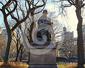 `Sir Walter Scott` portrait statue on a pedestal by Sir John Steell on Literary Walk in Central Park, New York City.