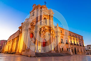 Siracusa, Sicily, Italy: Night view of Cathedral of Syracuse, Duomo di Siracusa or Cattedrale della Nativita di Maria