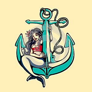 Siren mermaid pinup girl sitting on anchor tattoo vector