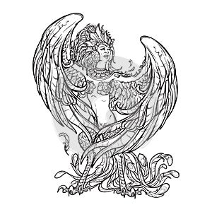 Sirin - half-woman half-bird in Russian myths and fairy tales. Singing and laughing. Intricate linear drawing isolated