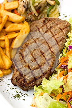 Sirloin steak with chips ,mushrooms,salad