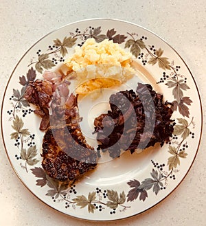 Sirloin steak,red onion, red cabbage and mashed potato