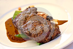 Sirloin strip Steak with green Beans ,vegetables a