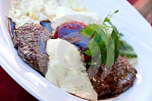 Sirloin strip Steak with vegetables and savory bec