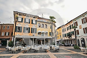 Sirmione, Italy - oct 2017: town of Sirmione, colorful street view, tourist destination in Lombardy region of Italy.Lago di Garda